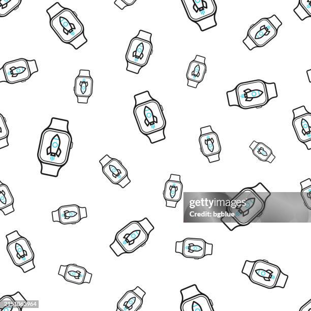 smartwatch with rocket. seamless pattern. line icons on white background - rocket launch white background background stock illustrations