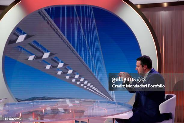 Italian League Secretary Matteo Salvini guest on the TV program Five Minutes in the background the image of the model of the bridge over the Strait...