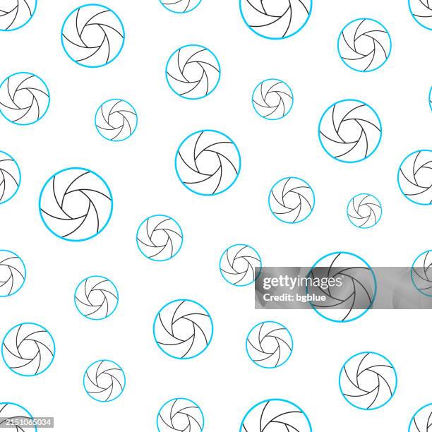 camera shutter. seamless pattern. line icons on white background - open aperture stock illustrations
