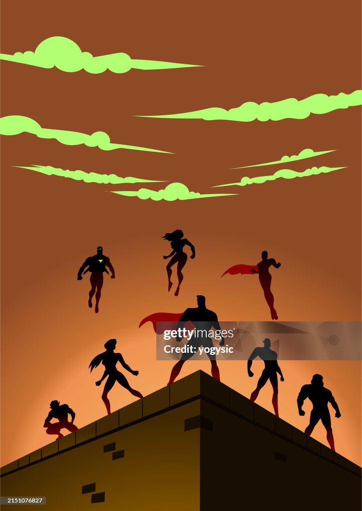 Superhero Brooding Rooftop Vector Superhero Silhouettes On A Rooftop Stock Illustration High-Res ...