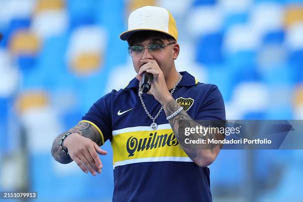 Italian singer Geolier performs prior to the Serie A football match between SSC Napoli and AS Roma at Diego Armando Maradona stadium. Naples , April...