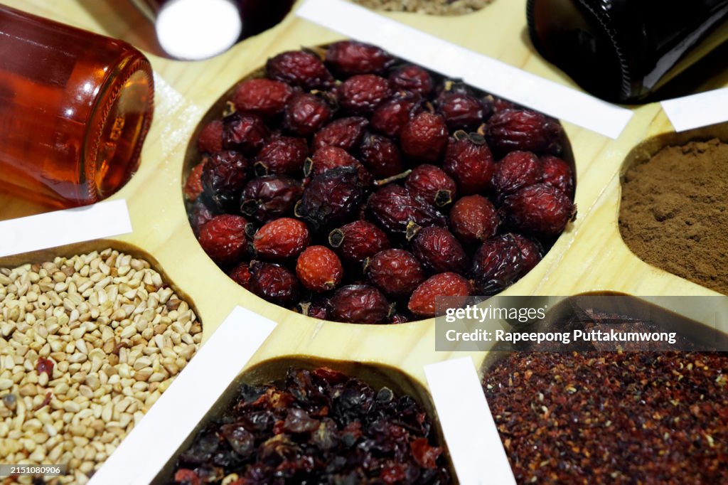 Nervine food with herbs and spices. Health food ingredients for nerve tonic to stimulate the nervous system. Healthy natural adaptogen alternative health care