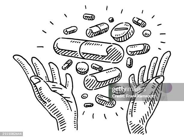 open hands receiving pills drawing - pill stock illustrations