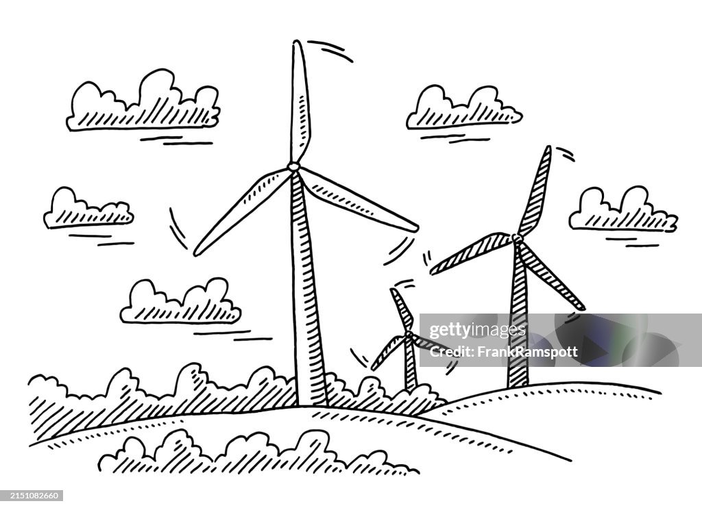 Wind Power Drawing Rural Landscape With Three Wind Turbines Drawing High-Res Vector ...
