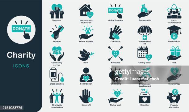 illustrazioni stock, clip art, cartoni animati e icone di tendenza di collezione di icone solide di beneficenza. filantropia, nonprofit, donazione, volontariato, servizio alla comunità, raccolta fondi, restituzione, aiuti umanitari, responsabilità sociale, donazione di sangue, assistenza all'infanzia, regalo - servizio sociale