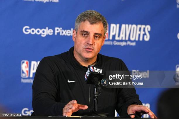 Assistant Coach Micah Nori of the Minnesota Timberwolves speaks to the media after the game against the Denver Nuggets in Round 2 Game 1 of the 2024...