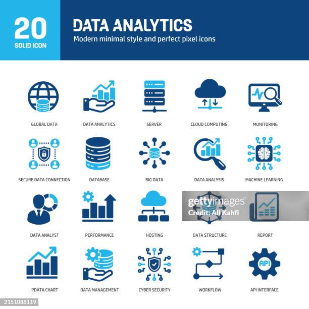 data analystics glyph solid icons. containing big data, analyzing, network data, database solid icons collection. vector illustration. for website design, logo, app, template, ui, etc. - cloud computing icon stock illustrations