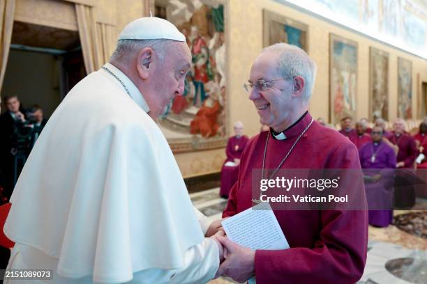 Pope Francis greets the Archbishop of Canterbury, the Most Revd Justin Welby during a meeting with Primates of the Anglican Communion at the...