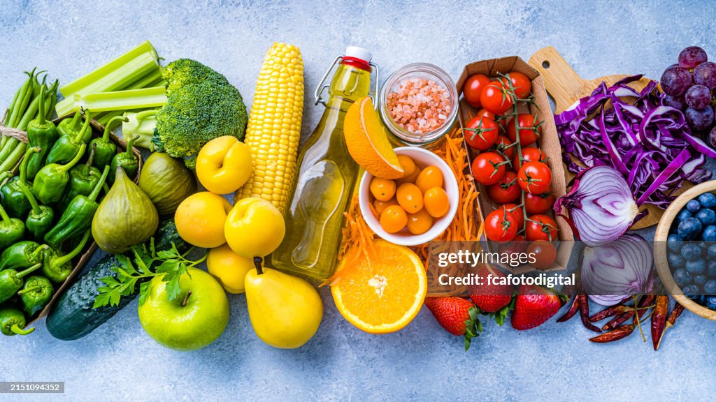 Banner für gesundes Obst und Gemüse im Farbverlauf angeordnet