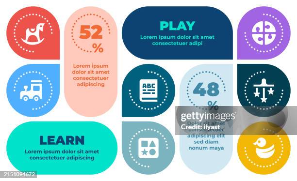 infographic layout design with icons for learn & play - building block graphic stock illustrations