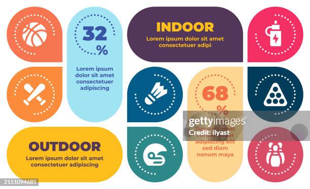 infographic layout design with icons for indoor vs outdoor sports - energy drink stock illustrations