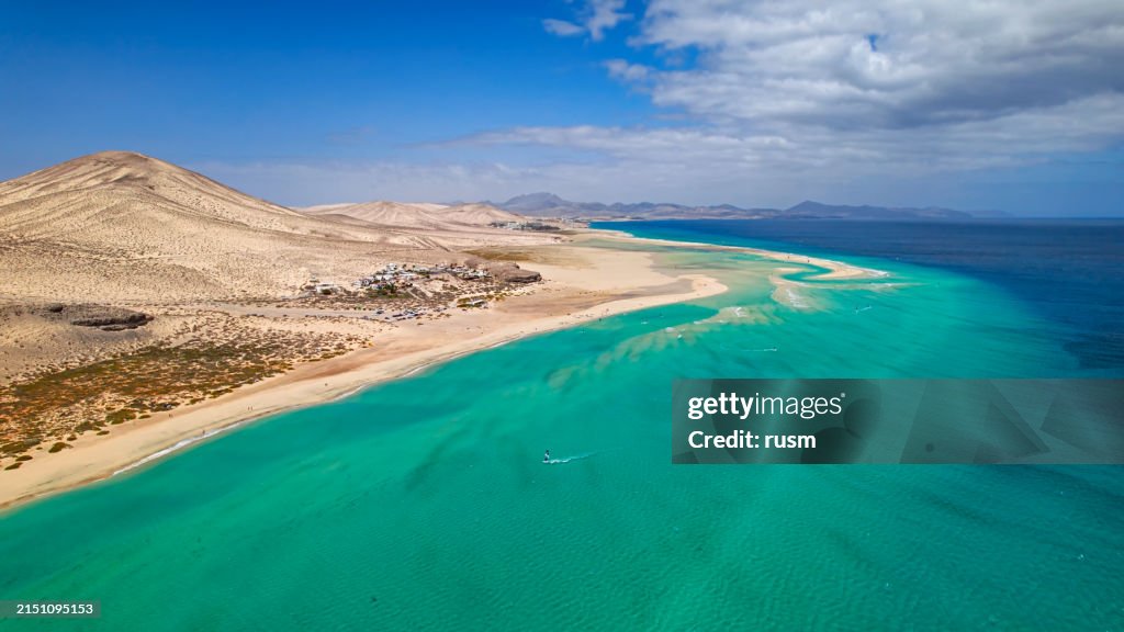 Aerial view of Playa de la Barca and Playa de Sotavento de Jandia, Fuerteventura, Canary islands, Spain