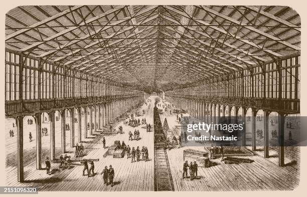 interior view of the machine hall. world's fair in philadelphia 1876 - eclectic stock illustrations