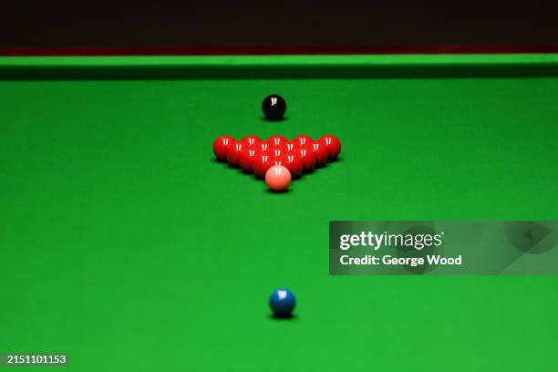 General view of the balls set up on the table during day thirteen of the Cazoo World Snooker Championship 2024 at Crucible Theatre on May 02, 2024 in...
