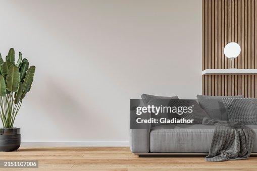 Interior moderno: una sala de estar con un sofá gris, fondo de pared con paneles blancos y de madera noble y decoración Interior moderno: una sala de estar con un sofá gris, fondo de pared con paneles blancos y de madera noble y decoración