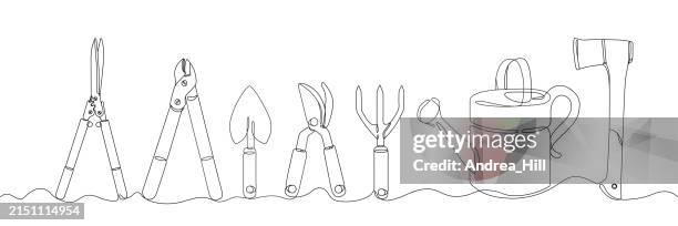 set of gardening tools single line drawing with editable stroke - hatchet vector stock illustrations