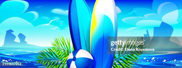 ilustrações de stock, clip art, desenhos animados e ícones de summer exotic vacation concept in cartoon style. multi-colored surfboards, beach ball with palm leaves on the seashore. stylish tropical vector illustration, close-up. - céu claro