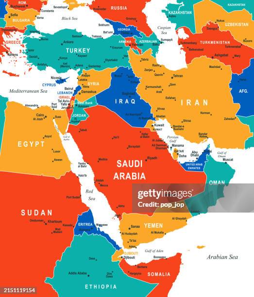 High Detailed Middle East Map With National Borders Of Saudi