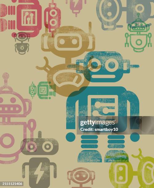 chatbot icons in textured letterpress - misinformation stock illustrations