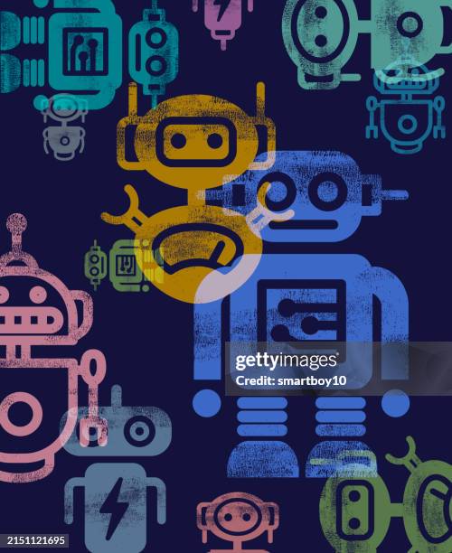 chatbot icons in textured letterpress - misinformation stock illustrations