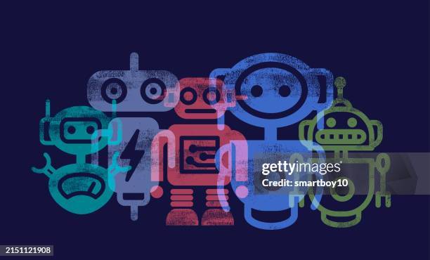 chatbot icons in textured letterpress - misinformation stock illustrations