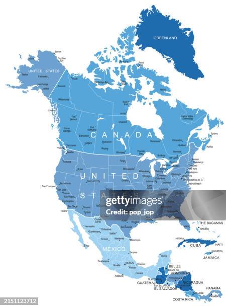 illustrations, cliparts, dessins animés et icônes de carte de l’amérique du nord. carte vectorielle en couleur de l’amérique du nord - états unis