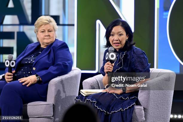 Former Prime Minister of Norway Erna Solberg and Elizabeth Yee speak onstage during Global Citizen NOW 2024 at Spring Studios on May 02, 2024 in New...