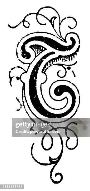 initiale großbuchstabe t im jugendstil - 19. jahrhundert - monogramm stock-grafiken, -clipart, -cartoons und -symbole