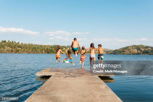 bambini che si divertono a saltare da un molo al lago in una calda giornata estiva - molo foto e immagini stock