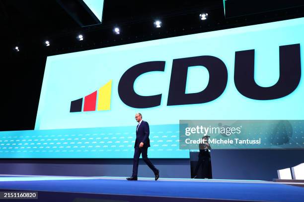 Friedrich Merz, leader of the German Christian Democrats , arrives to speak on the first day of the party's three-day federal party congress on May...