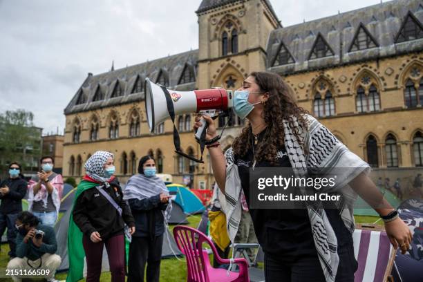 Pro-Palestine student activists take part in an encampment in front of the Oxford University Museum of Natural History on May 6, 2024 in Oxford,...