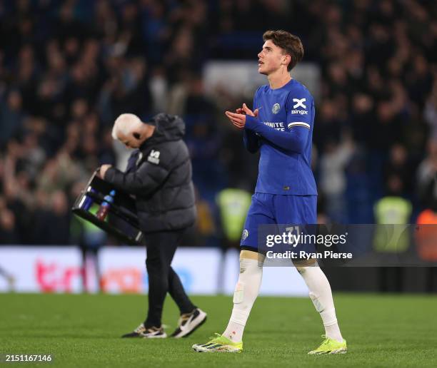 Cesare Casadei of Chelsea applauds the fans after the Premier League match between Chelsea FC and Tottenham Hotspur at Stamford Bridge on May 02,...
