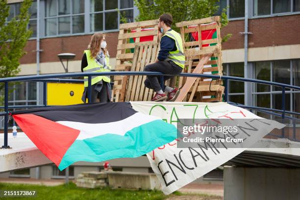 Approximately 200 international students set up a camp and barricades on the campus of the University of Amsterdam to support Gaza on May 6 in...