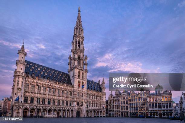 grote markt at twilight. brussels, brussels-capital region, belgium. - town hall stock pictures, royalty-free photos & images