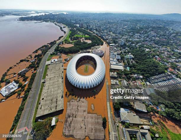 Aerial view of the flooded Beira-Rio Stadium on May 6, 2024 in Porto Alegre, Brazil. Rescue efforts continue in Porto Alegre due to the floods caused...