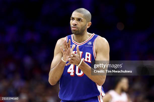 Nicolas Batum of the Philadelphia 76ers reacts after a play against the New York Knicks during the first quarter of game six of the Eastern...