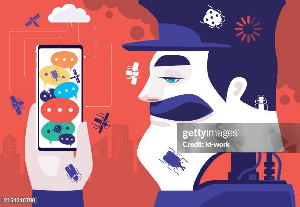 tired robot security guard holding smartphone and loading data but computer bugs surrounding - threat intelligence stock illustrations