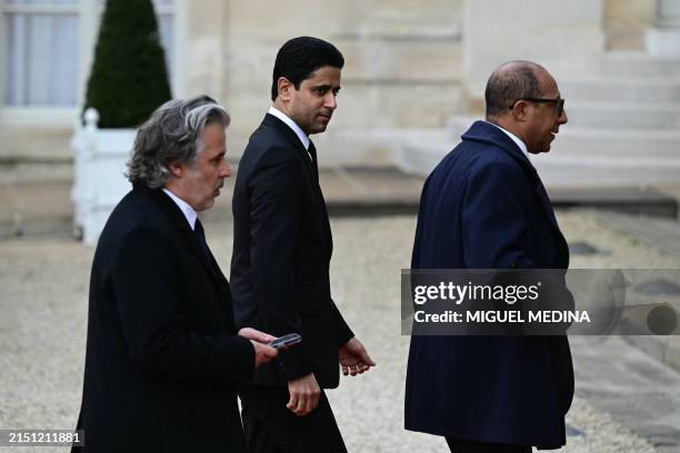 French Football Federation chair Philippe Diallo, Professional Football League chair Vincent Labrune and Paris Saint-Germain chair Nasser Al-Khelaifi...