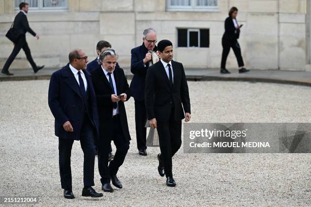 French Football Federation chair Philippe Diallo, Professional Football League chair Vincent Labrune and Paris Saint-Germain chair Nasser Al-Khelaifi...