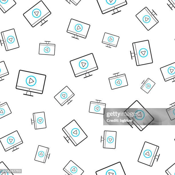 desktop computer with play button. seamless pattern. line icons on white background - multimedia background stock illustrations