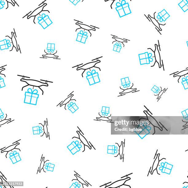 delivery drone with gift. seamless pattern. line icons on white background - drone package stock illustrations