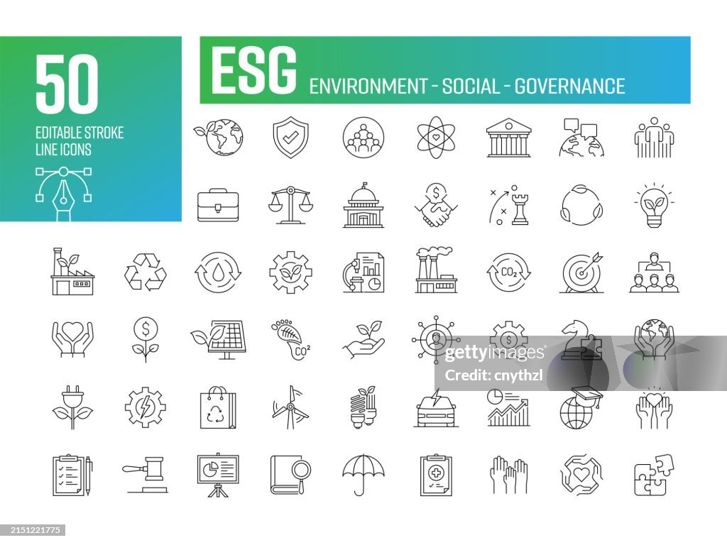 ESG - Environment, Social, and Governance Line Icon Set. Sustainability, Government, Protection, Regulations, Education, Healthcare.