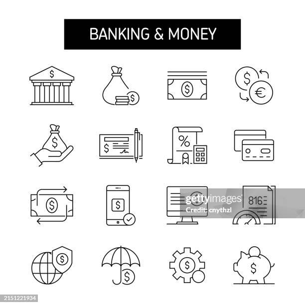 ilustraciones, imágenes clip art, dibujos animados e iconos de stock de conjunto de iconos de banca y línea monetaria. finanzas, inversión, banco, préstamo, activos - cuenta de banco