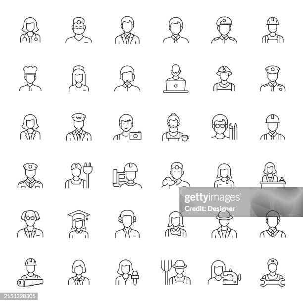 simple occupational avatars line icon set. doctor, nurse, businessman, fireman, police, soldier, pilot, farmer. - police operator stock illustrations