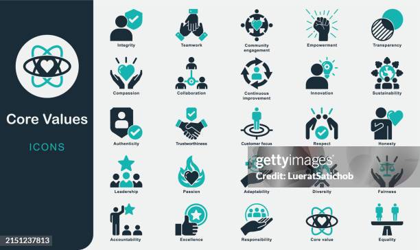 core values solid icons collection.integrity, respect, excellence, accountability, diversity, innovation, empowerment, collaboration, leadership, community engagement, adaptability, passion, teamwork - passion stock illustrations