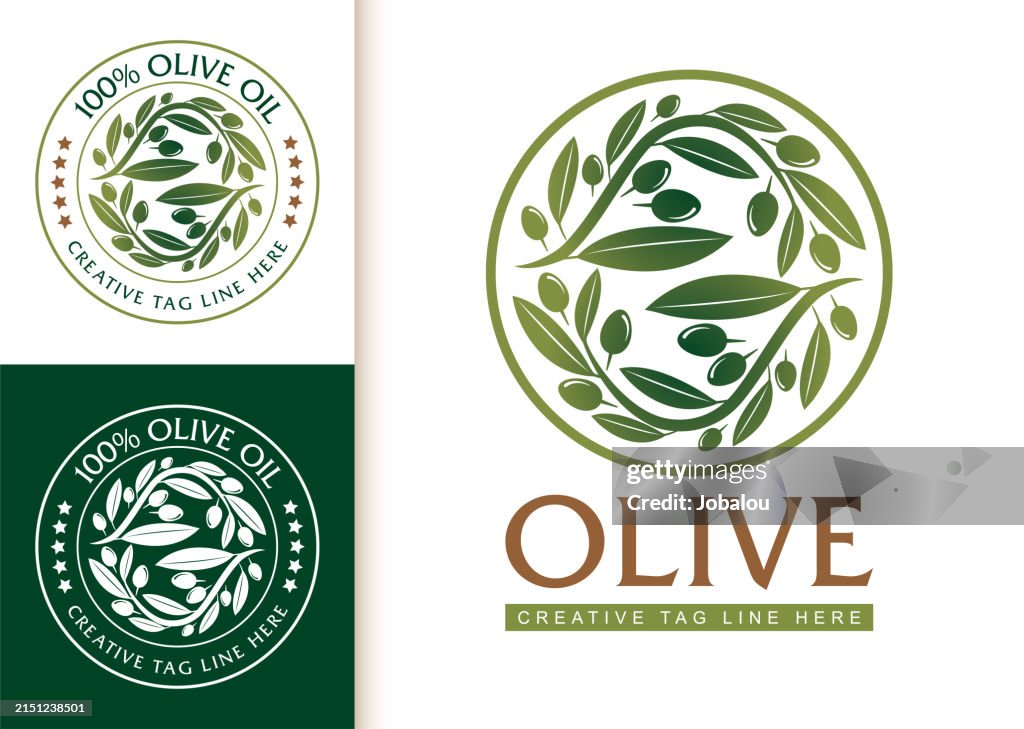 Elegante Set-Etiketten mit Olivenzweig in einem Kreis