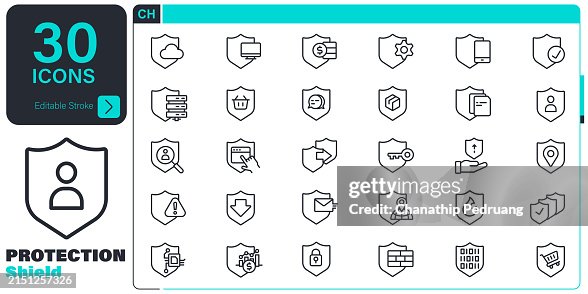 Shield Data Security icon set. 30 editable stroke vector graphic elements, stock illustration Icon symbol, Business, Technology, Security System, Safety, Protection Shield Data Security icon set. 30 editable stroke vector graphic elements, stock illustration Icon symbol, Business, Technology, Security System, Safety, Protection