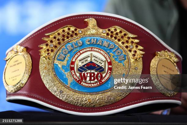Detailed view of the WBO Cruiserweight title belt belonging to Chris Billam-Smith, seen prior to the Chris Billam-Smith vs Richard Riakporhe launch...
