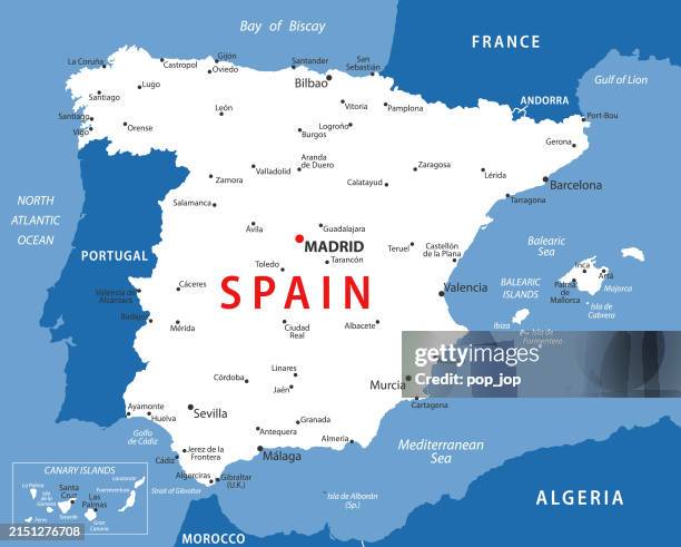 ilustraciones, imágenes clip art, dibujos animados e iconos de stock de españa - mapa vectorial. mapa a color de españa - ciudades capitales