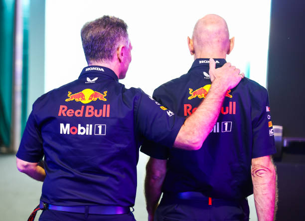 Adrian Newey, the Chief Technical Officer of Oracle Red Bull Racing and Oracle Red Bull Racing Team Principal Christian Horner walk in the Paddock...